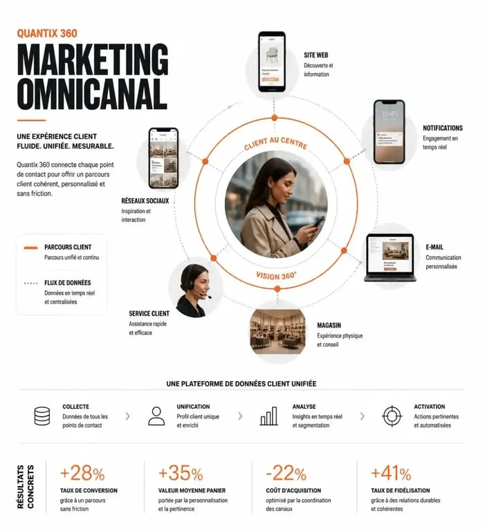 Schéma conceptuel de la stratégie marketing Quantix 360 pour un parcours client omnicanal unifié