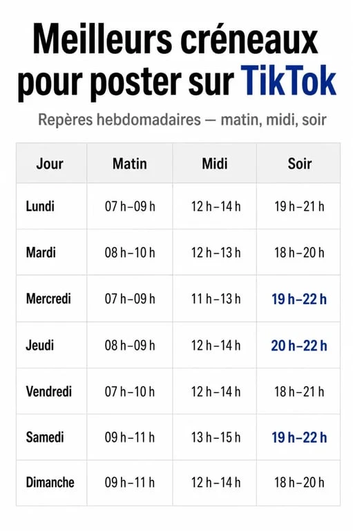 a quelle heure poster sur tiktok : infographie des meilleurs créneaux jour par jour