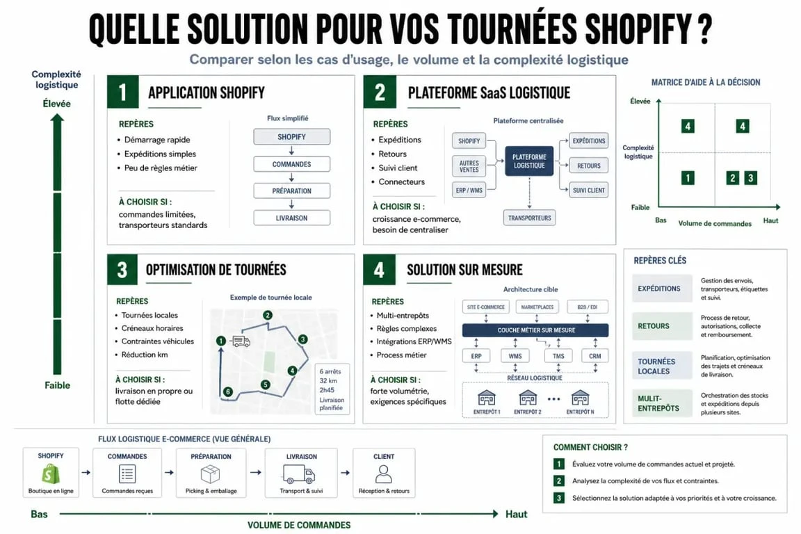 Logiciel gestion tournées e-commerce Shopify : comparaison visuelle des options entre application, SaaS, logiciel de tournées et solution sur mesure