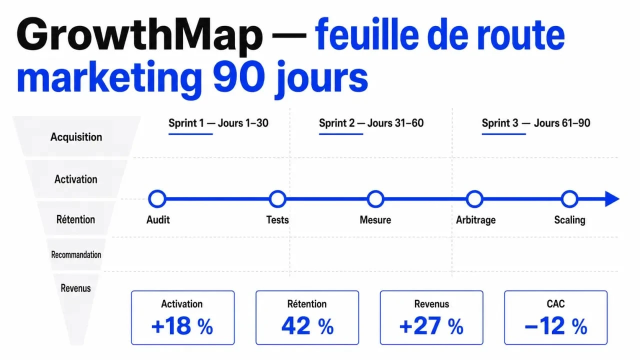 Comment utiliser stratégie marketing growthmap : feuille de route GrowthMap en sprints de 30 jours avec KPI et étapes d’audit