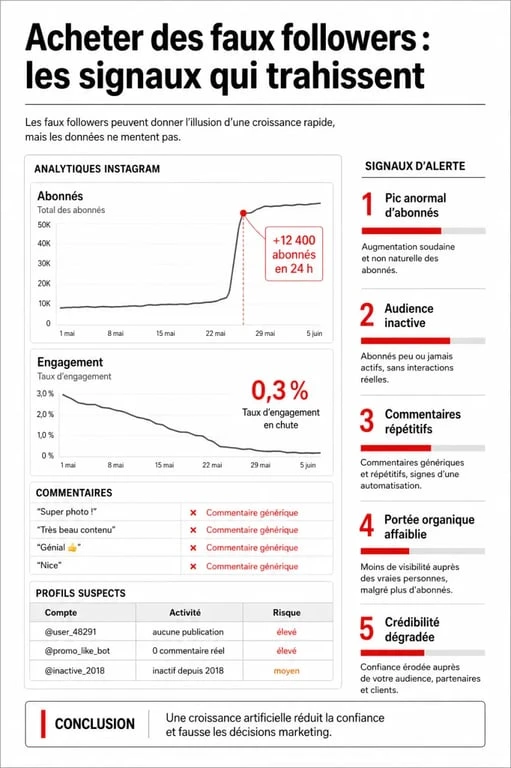 Conséquences de l’achat de faux followers sur Instagram avec pic d’abonnés, chute de l’engagement et signaux d’alerte