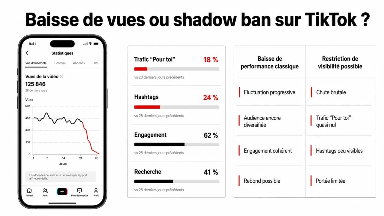 Infographie comparative sur le shadow ban TikTok : signes d’alerte, causes possibles et autres explications d’une chute de vues