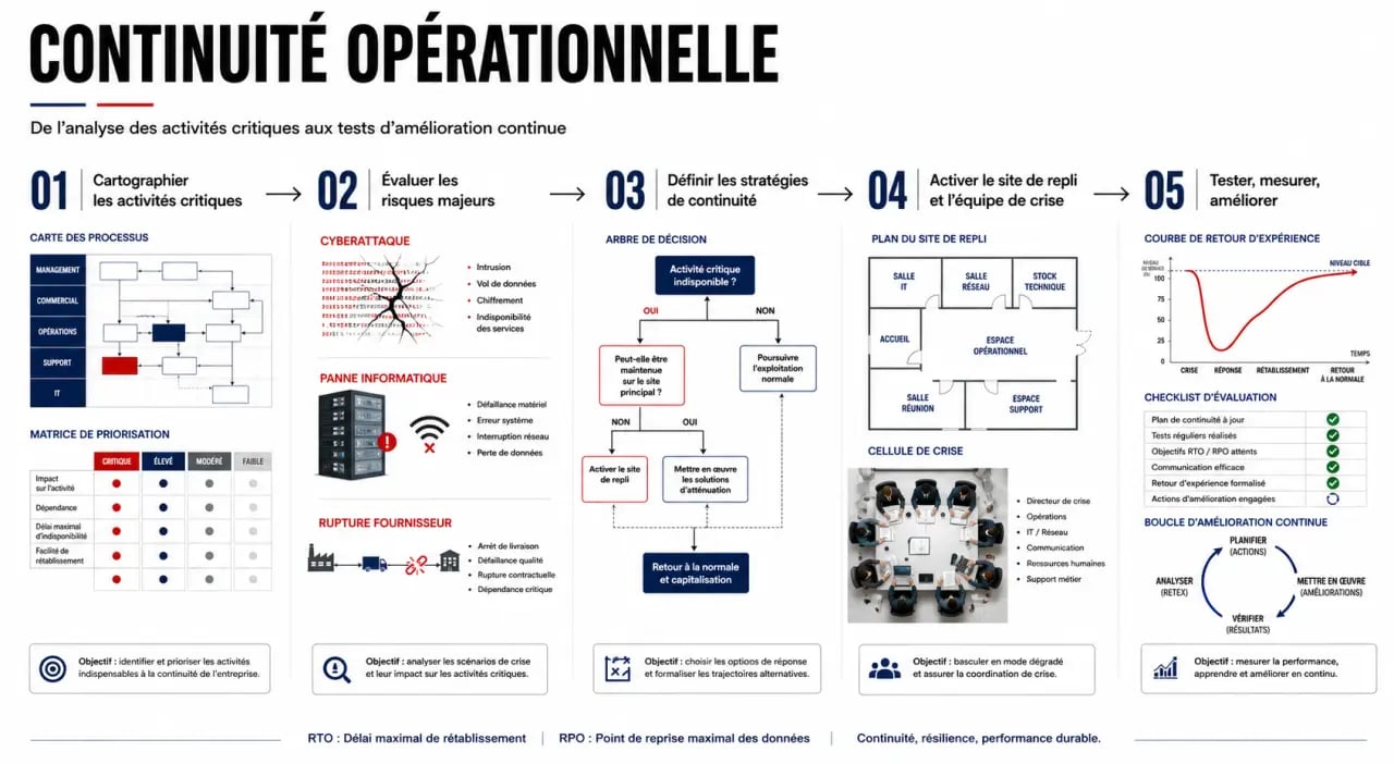 Sécuriser la continuité opérationnelle de votre entreprise face aux risques : schéma des 5 étapes du PCA