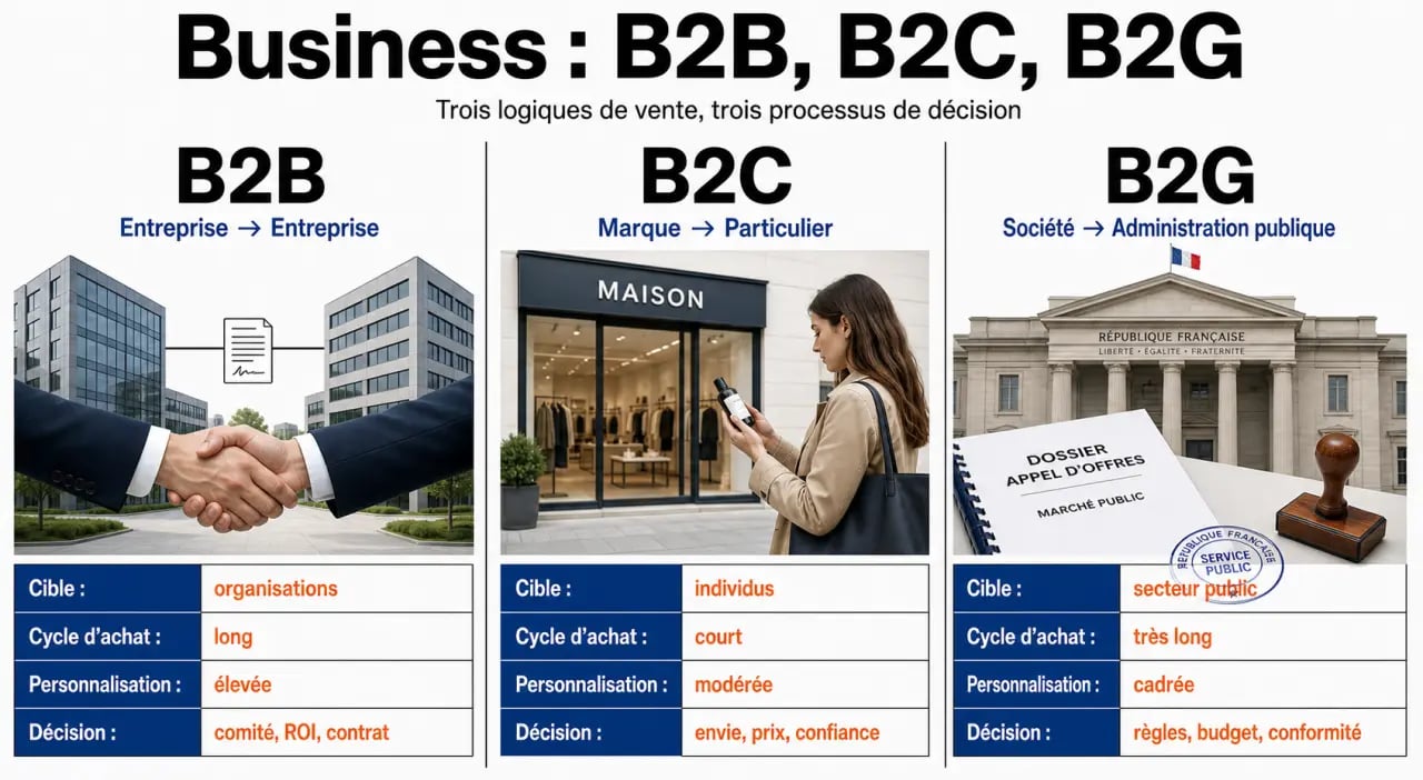 Business, B2B, Entreprise : schéma comparatif B2B, B2C et B2G avec leurs cibles et leurs logiques commerciales