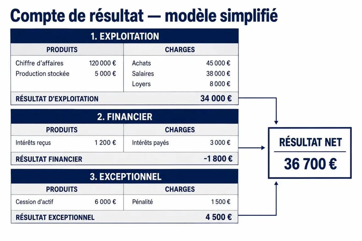 Compte de resultat modele en trois blocs avec calcul du résultat net