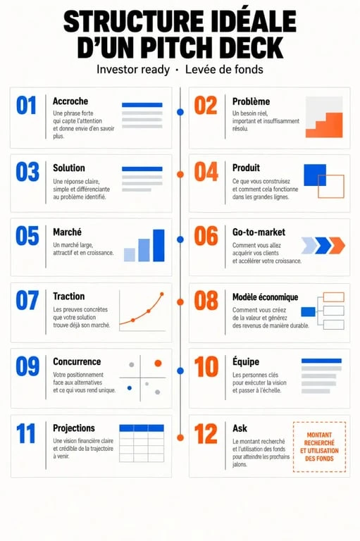 Structure en 12 slides d’un levée fonds pitch deck investor ready template