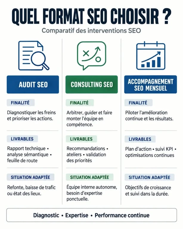 Accompagnement SEO : comparaison visuelle entre audit SEO, consulting SEO et accompagnement mensuel