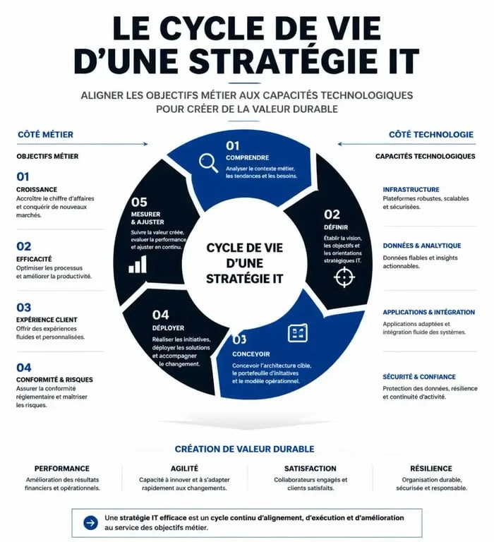 Schéma du cycle de vie d'une stratégie IT alignée sur les objectifs métier