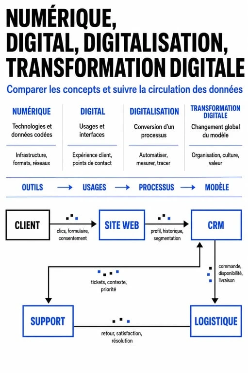 Technologie digital : schéma comparatif entre numérique, digital, digitalisation et transformation digitale