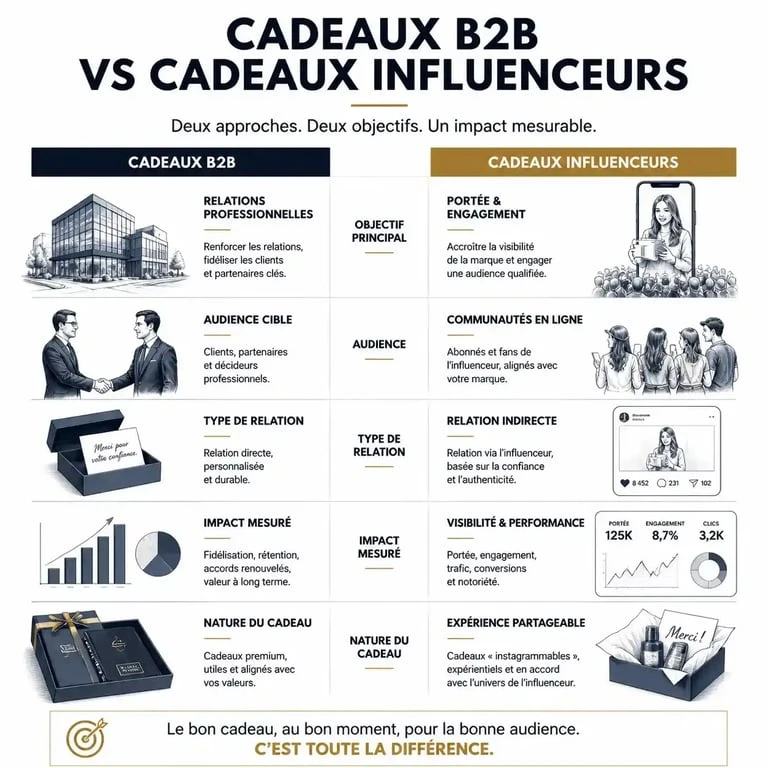 Comparaison visuelle entre le gifting B2B et le gifting influence pour comprendre les finalités de chaque stratégie.