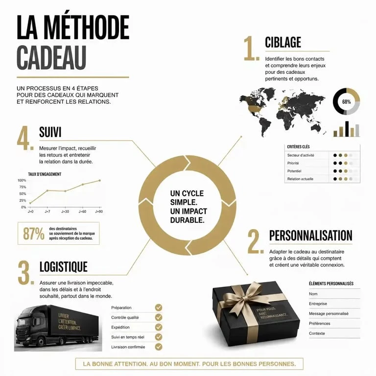 Schéma du processus de gifting : ciblage, personnalisation, logistique et suivi pour une stratégie marketing efficace.