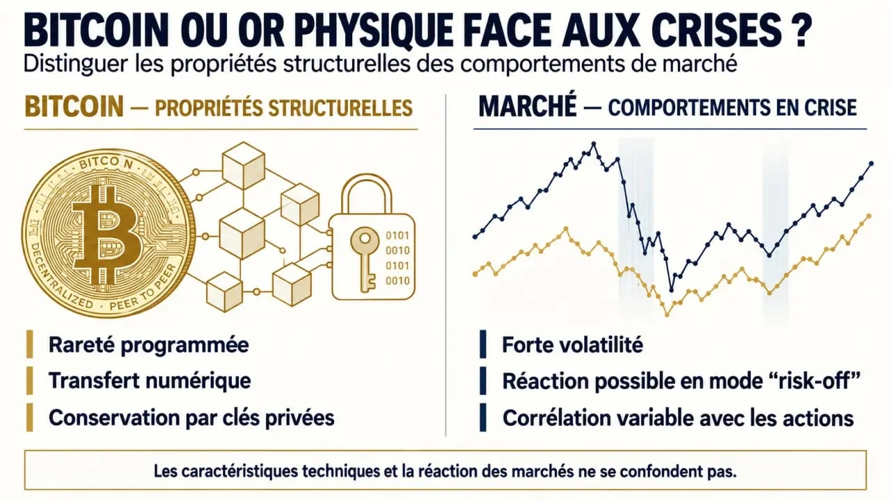 Bitcoin or numérique crise : comparaison visuelle entre bitcoin et or face aux crises