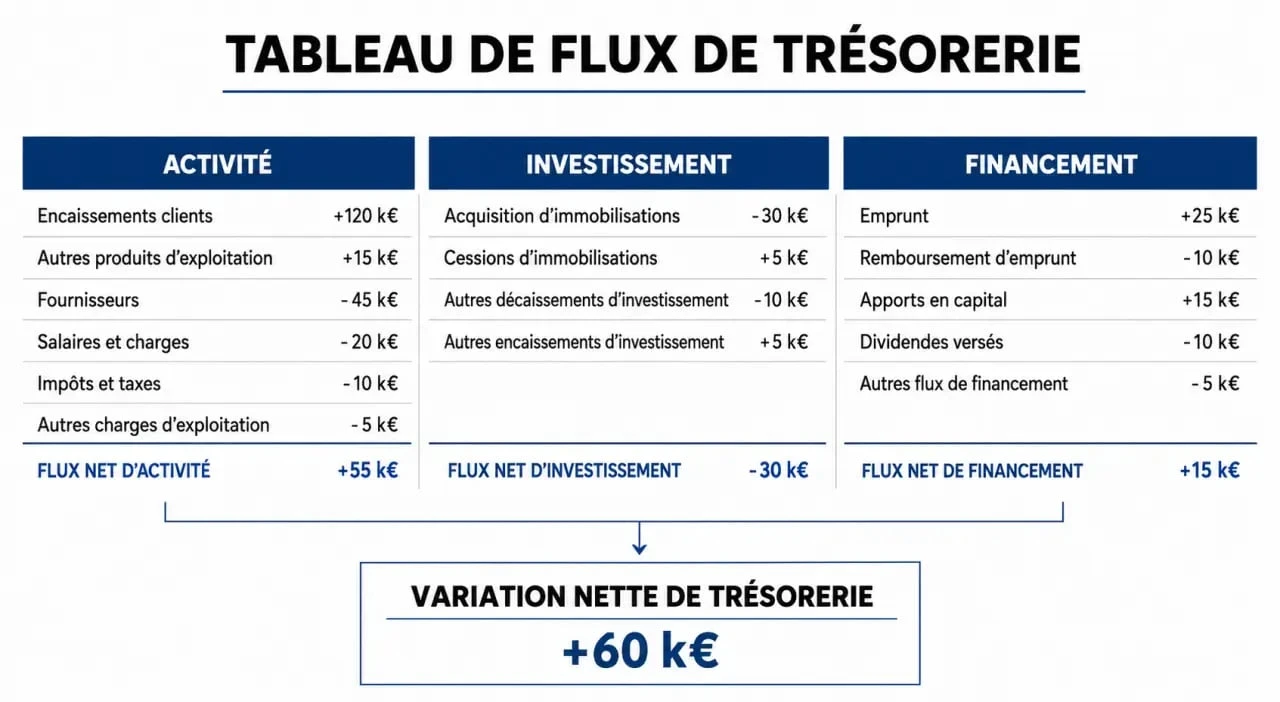 Tableau flux de trésorerie avec les trois catégories activité, investissement et financement et un exemple chiffré
