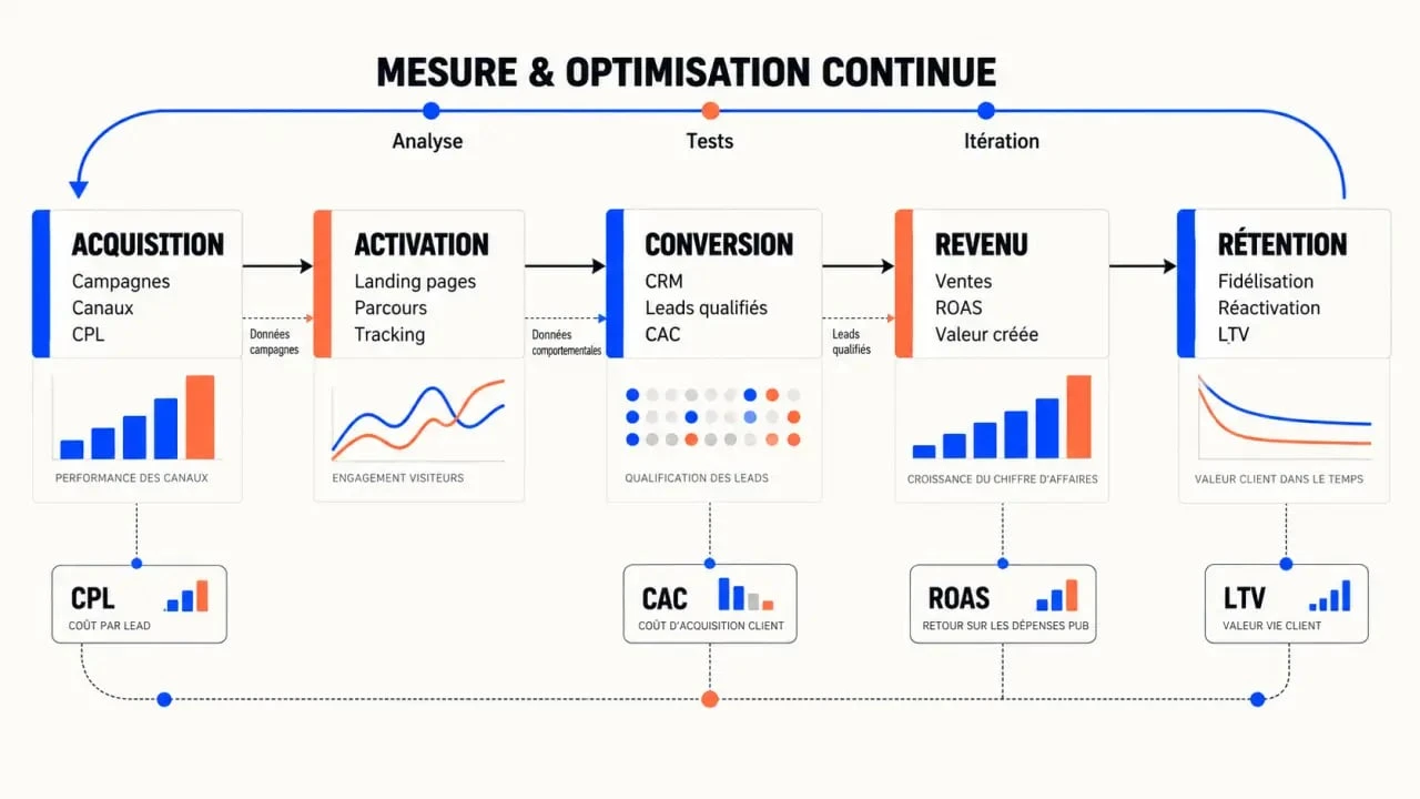 Funnel d’une agence de growth marketing avec acquisition, conversion, rétention et pilotage par les données