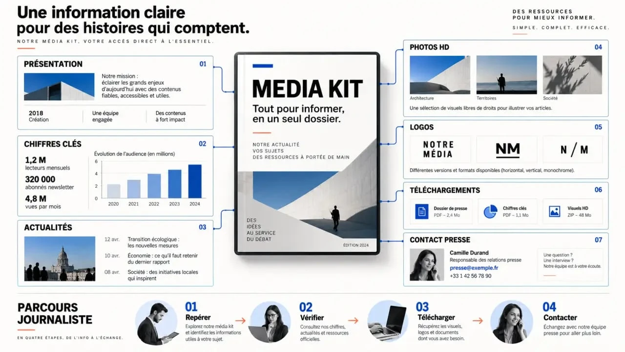 Composition visuelle d’un media kit avec informations, ressources et contact presse
