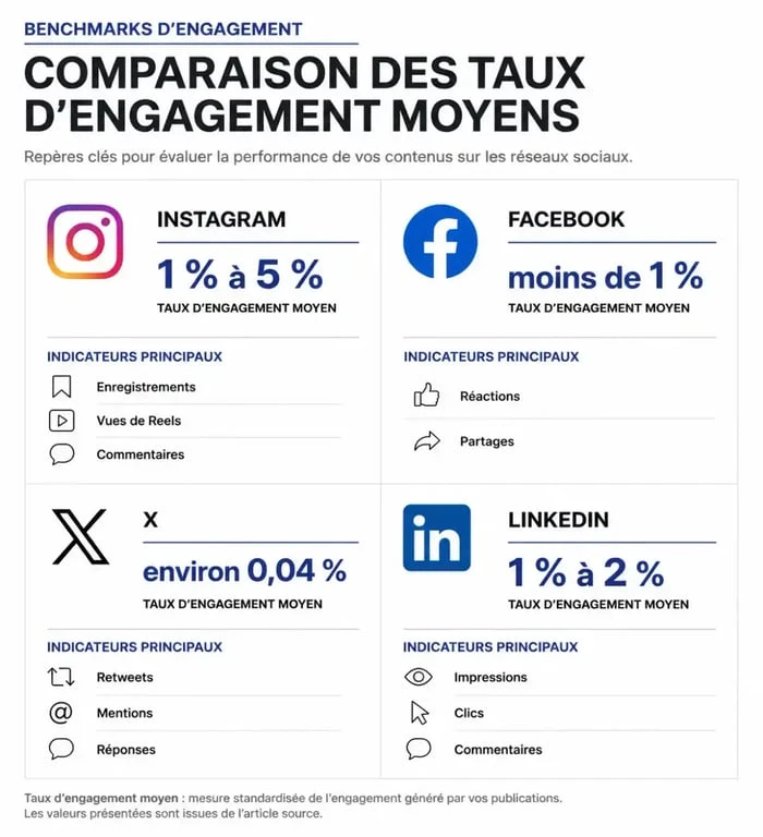 Infographie des benchmarks de taux d’engagement réseaux sociaux par plateforme