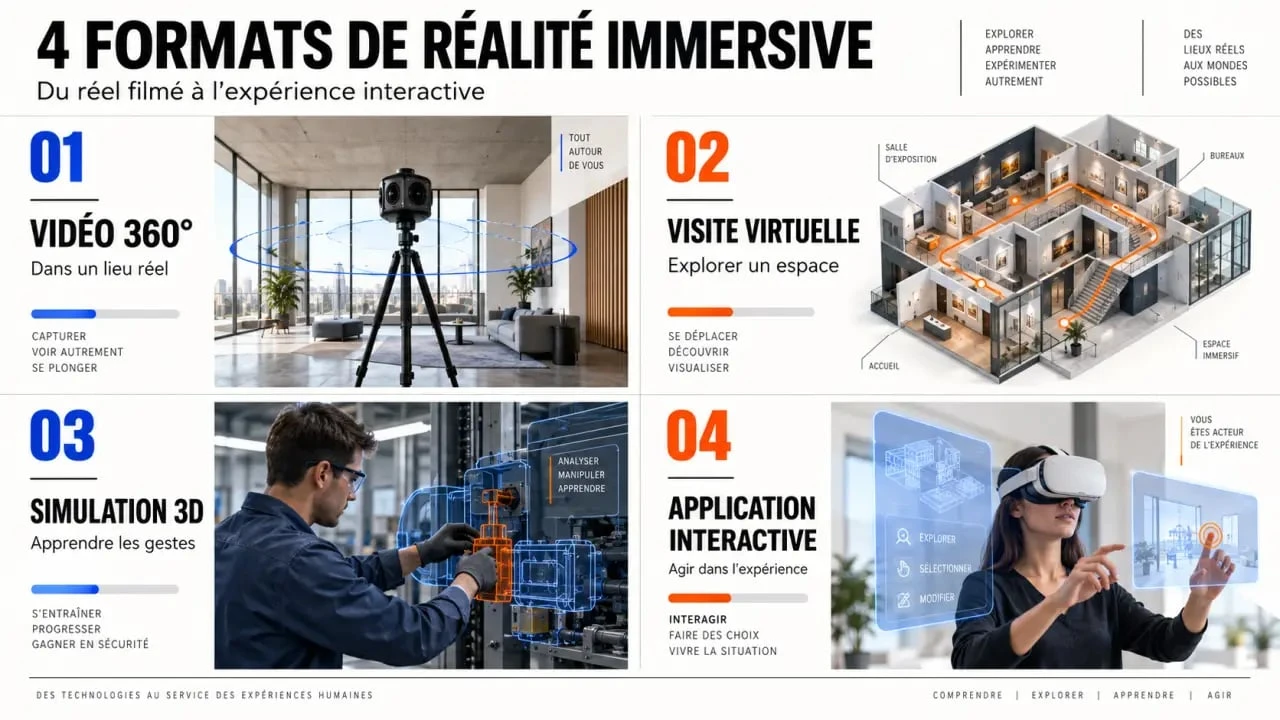 Entreprise réalité virtuelle : comparaison des formats vidéo 360°, visite virtuelle, simulation 3D et application interactive
