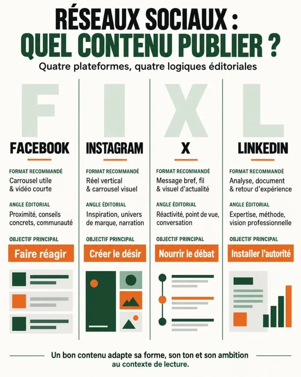Infographie sur le contenu réseaux sociaux selon Facebook, Instagram, X et LinkedIn