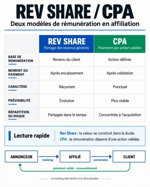 Infographie sur le rev share et la comparaison avec le CPA dans le marketing d’affiliation
