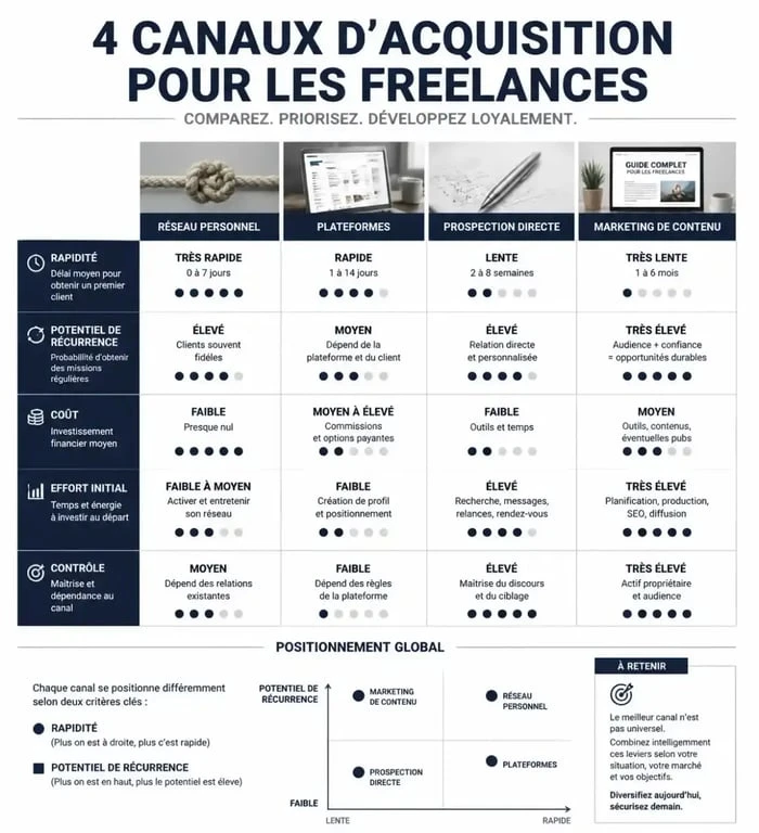 Infographie comparant les canaux pour trouver des clients en freelance : réseau, plateformes, prospection et contenu.
