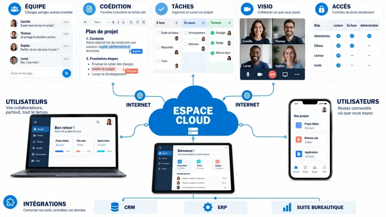 Schéma du fonctionnement d'une plateforme collaborative en mode SaaS avec documents, tâches, réunions et contrôles d'accès