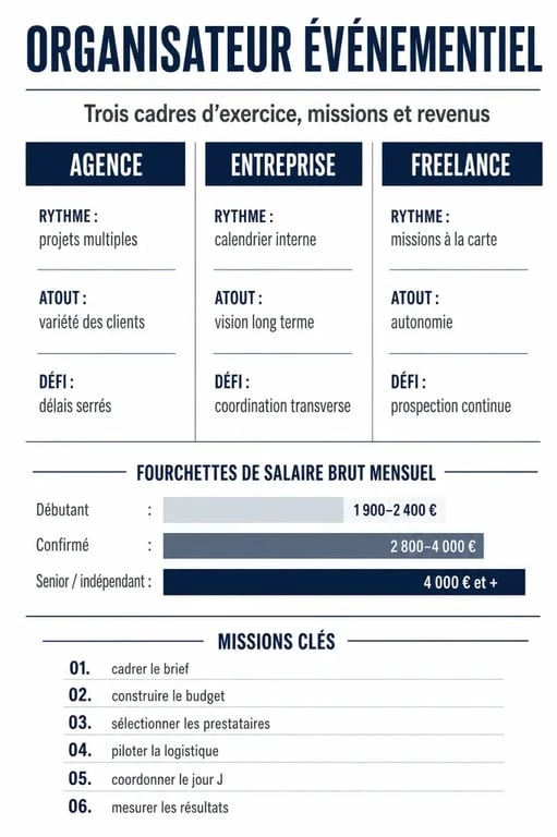 Organisateur evenementiel : comparaison entre agence, entreprise et freelance avec fourchettes de salaire et missions clés