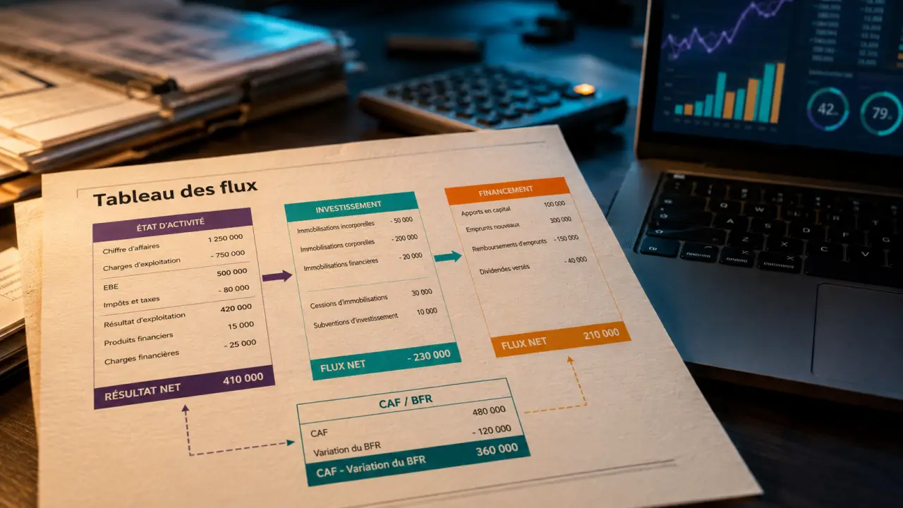 Tableau flux de trésorerie : 3 flux activités, investissement, financement (CAF/BFR)