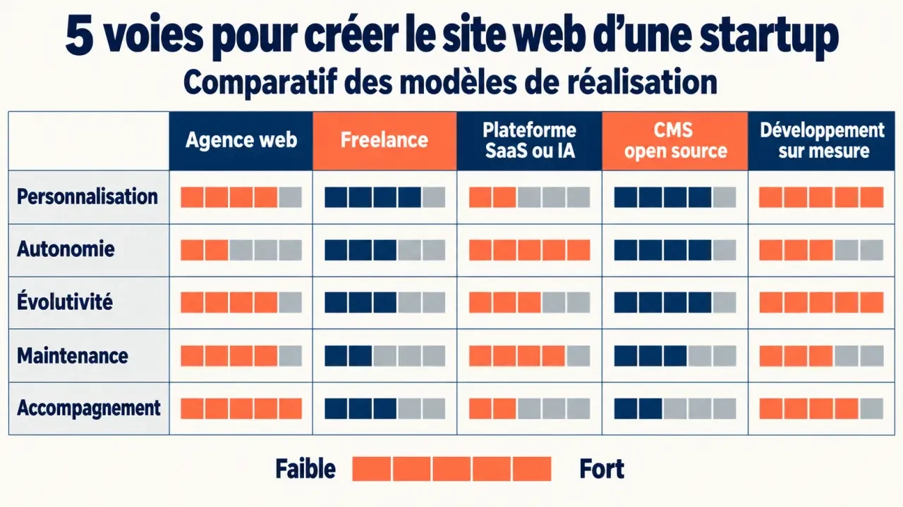 Création site web startup : comparaison des solutions agence, freelance, SaaS, CMS open source et développement sur mesure