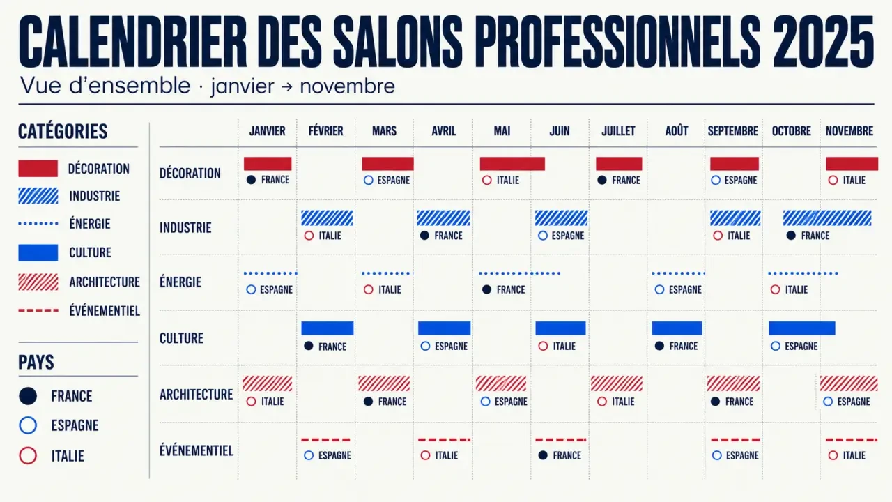 Vue d’ensemble graphique de la liste des salons professionnels 2025 par mois et secteur
